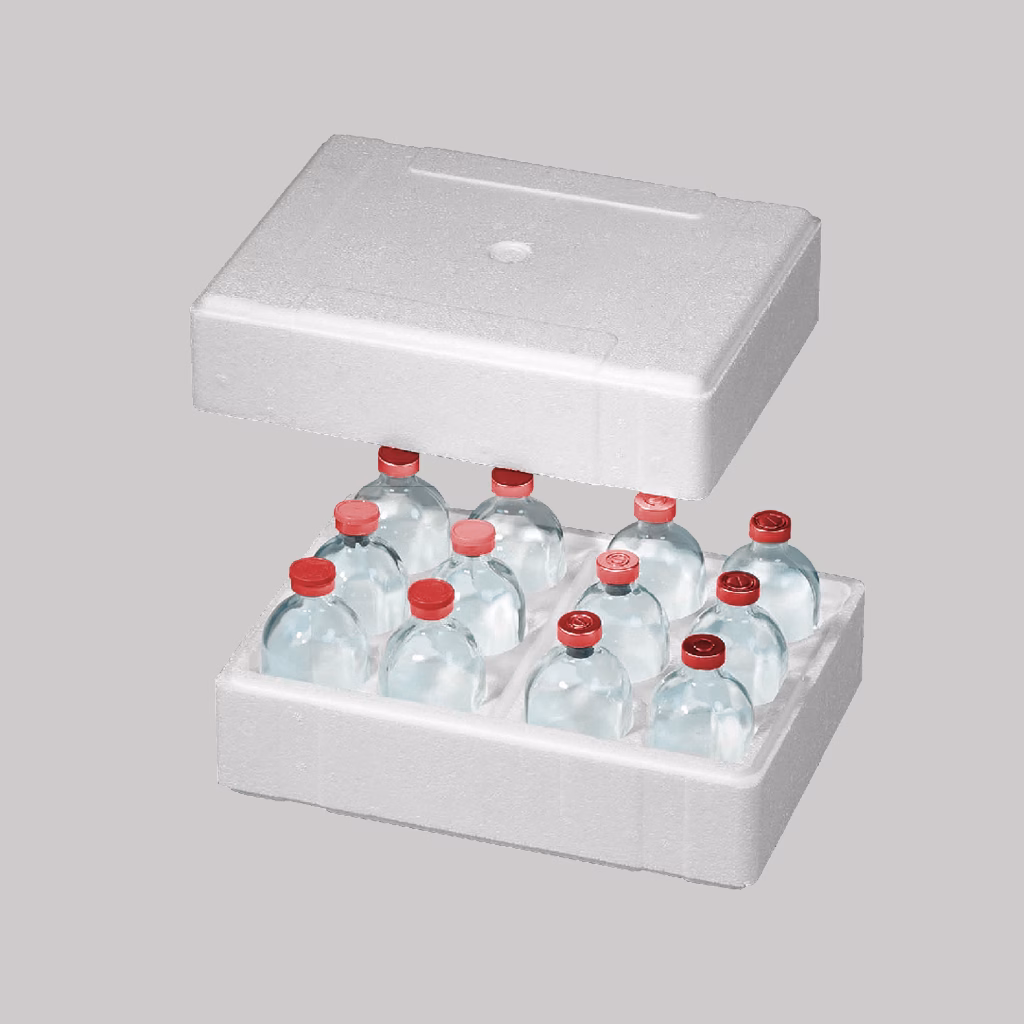 Styropor-Verpackung für 12 DIN-Injektions-Flaschen, 100 ml Styropor-Verpackung für 12 DIN-Injektions-Flaschen, 100 ml