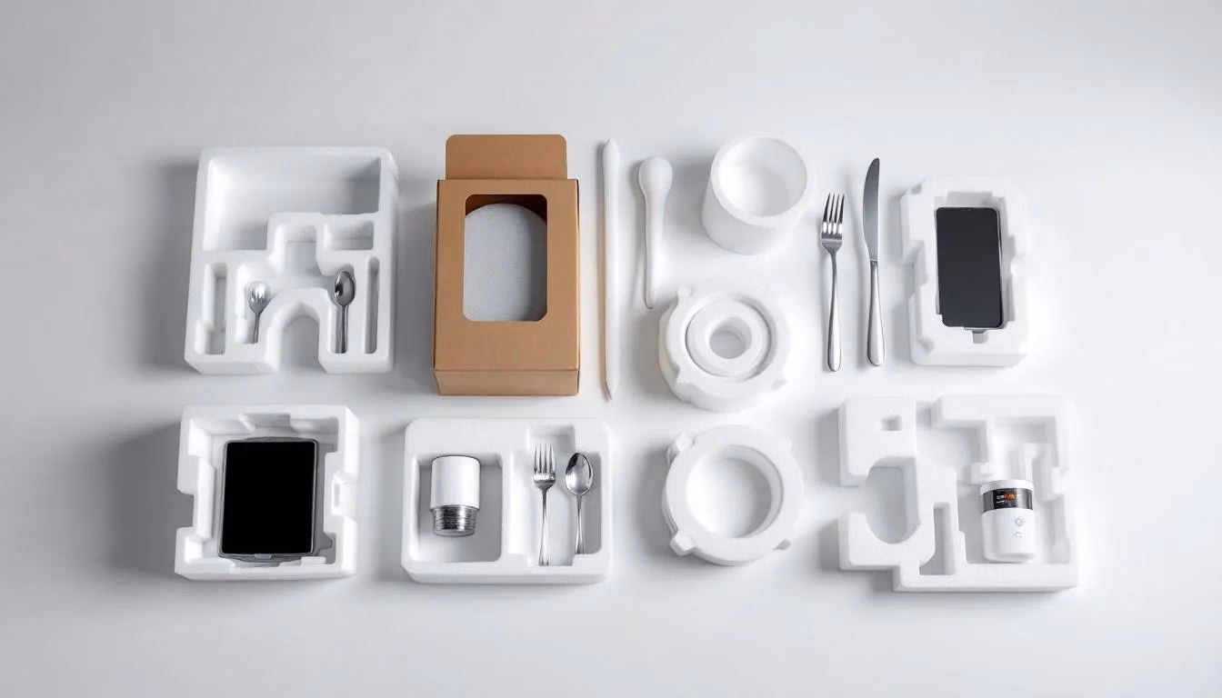 Das Bild zeigt ein modulares EPS Verpackungssystem mit verschiedenen Einsätzen, die für unterschiedliche Produktgrößen ausgelegt sind. Die Verpackungen bestehen aus expandiertem Polystyrol (EPS), einem leichten und robusten Material, das häufig im Verpackungsbereich und für Wärmedämmung verwendet wird.