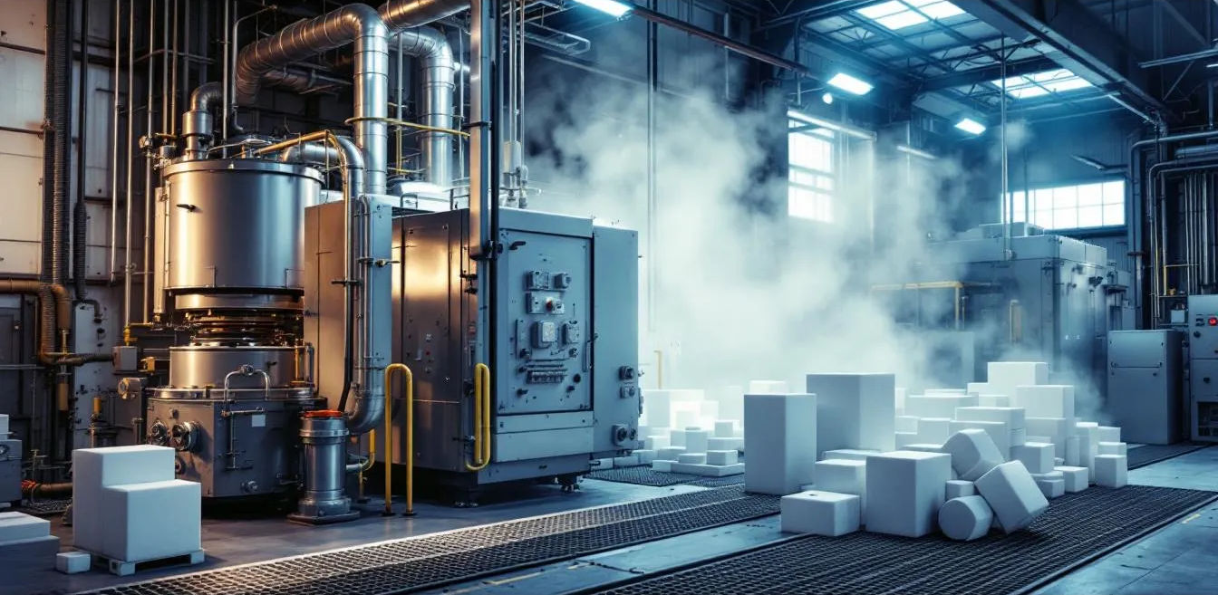 Die industrielle EPS Produktionsanlage zeigt einen Dampfkessel und Formungsmaschinen zur Herstellung von expandiertem Polystyrol (EPS), auch bekannt als Styropor. Diese Anlage ist für die Produktion von Dämmstoffen und Verpackungsmaterialien aus EPS verantwortlich, wobei auch die Verwertung von EPS-Abfällen eine Rolle spielt.