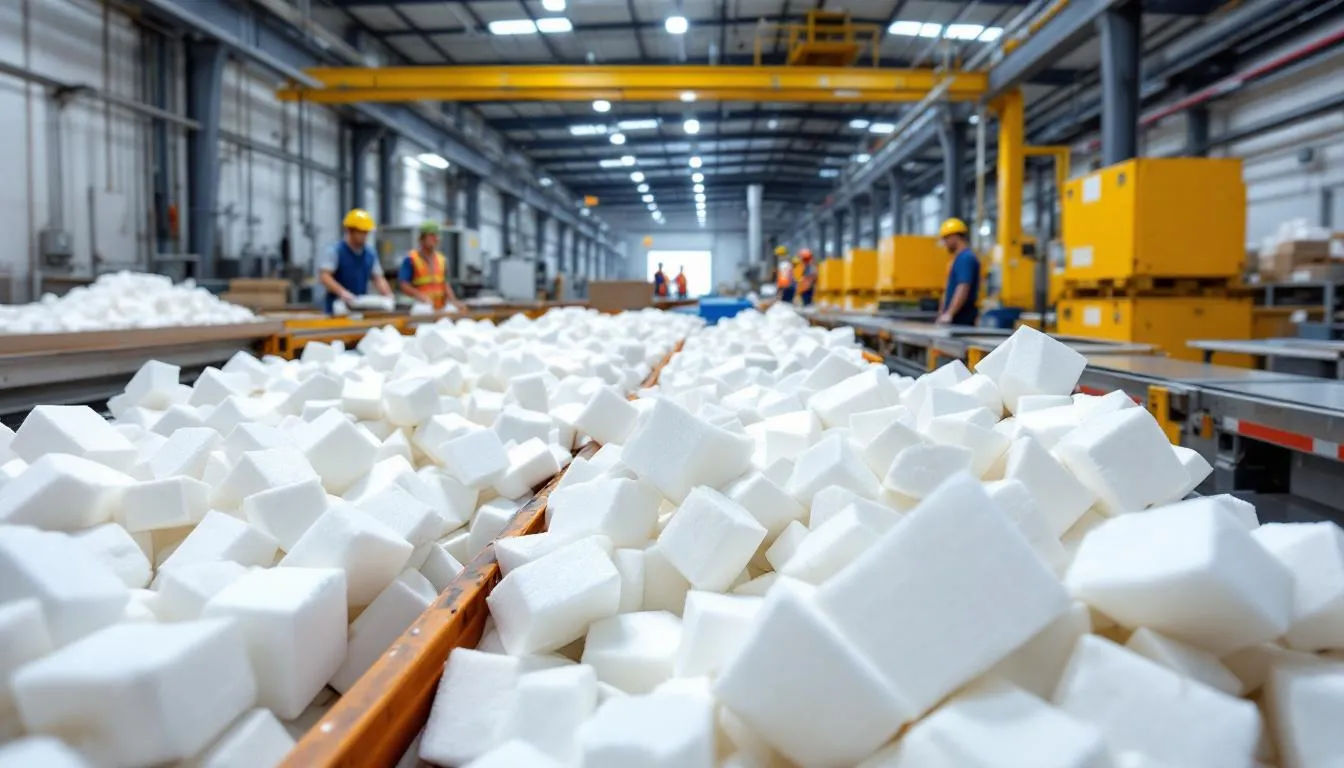 In der Recyclinganlage sind sortierte EPS Abfälle, bestehend aus expandiertem Polystyrol (EPS), ordentlich angeordnet und bereit zur Wiederverwertung. Diese Abfälle, die häufig in der Verpackungsindustrie und im Bauwesen verwendet werden, sind ein wichtiger Bestandteil für die Herstellung von Dämmstoffen und anderen Produkten.