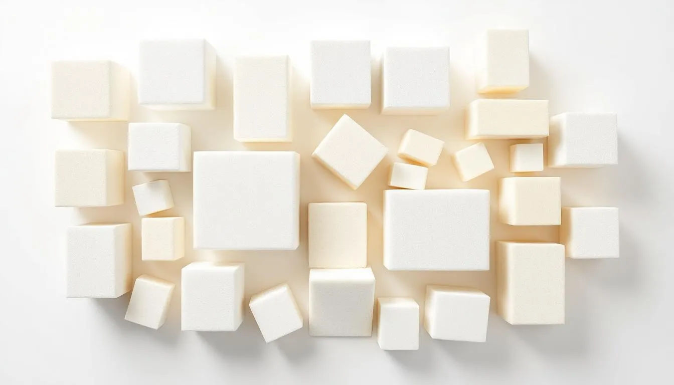 Auf dem Bild sind EPS Schaum Würfel in verschiedenen Dichten und Größen zu sehen, die auf einem weißen Hintergrund angeordnet sind. Diese Würfel aus expandiertem Polystyrol (EPS) zeigen die Vielfalt an Eigenschaften und Anwendungen, die dieses Material im Bau- und Verpackungsbereich bietet.