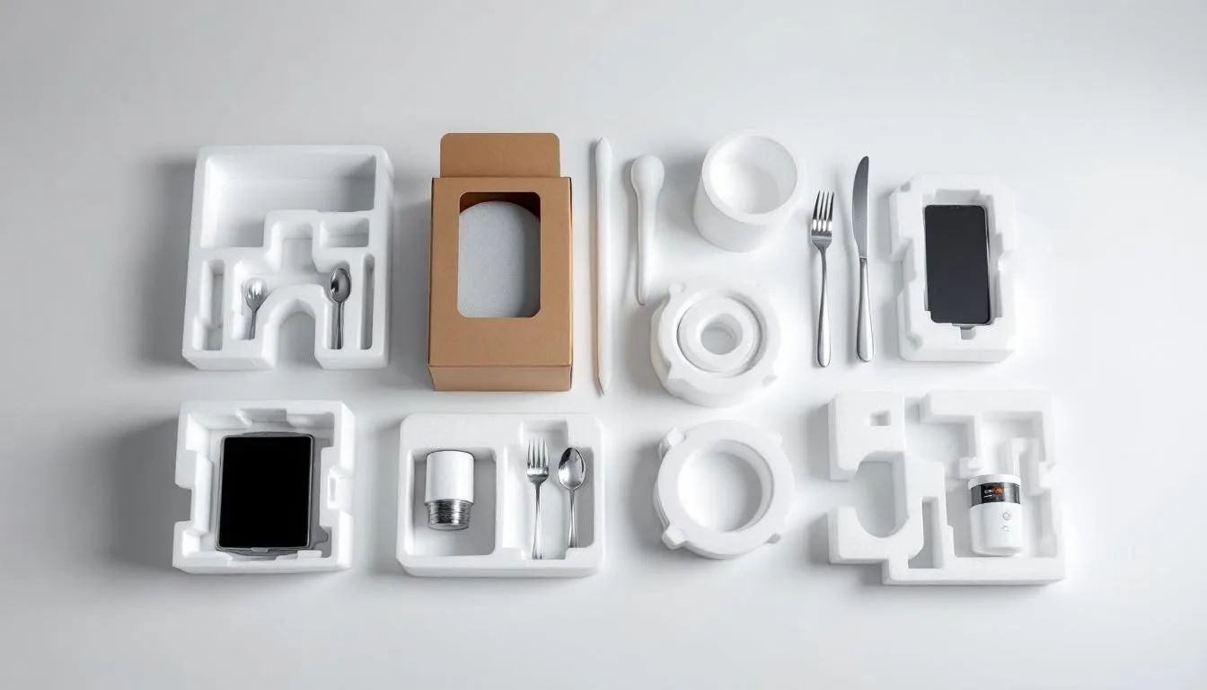 Das Bild zeigt ein modulares EPS Verpackungssystem mit verschiedenen Einsätzen, die für unterschiedliche Produktgrößen ausgelegt sind. Die Verpackungen bestehen aus expandiertem Polystyrol (EPS), einem leichten und robusten Material, das häufig im Verpackungsbereich und für Wärmedämmung verwendet wird.