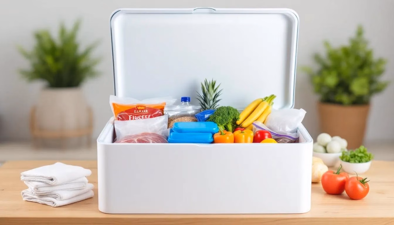 Die Isolierbox aus expandiertem Polystyrol (EPS) ist gefüllt mit Tiefkühlprodukten und Kühlakkus, die für eine optimale Temperaturkontrolle sorgen. Diese Verpackungslösung aus EPS bietet hervorragende Dämmstoffeigenschaften und ist ideal für den Transport von temperaturempfindlichen Lebensmitteln.