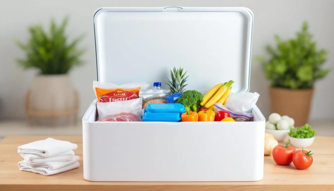 Die Isolierbox aus expandiertem Polystyrol (EPS) ist gefüllt mit Tiefkühlprodukten und Kühlakkus, die für eine optimale Temperaturkontrolle sorgen. Diese Verpackungslösung aus EPS bietet hervorragende Dämmstoffeigenschaften und ist ideal für den Transport von temperaturempfindlichen Lebensmitteln.