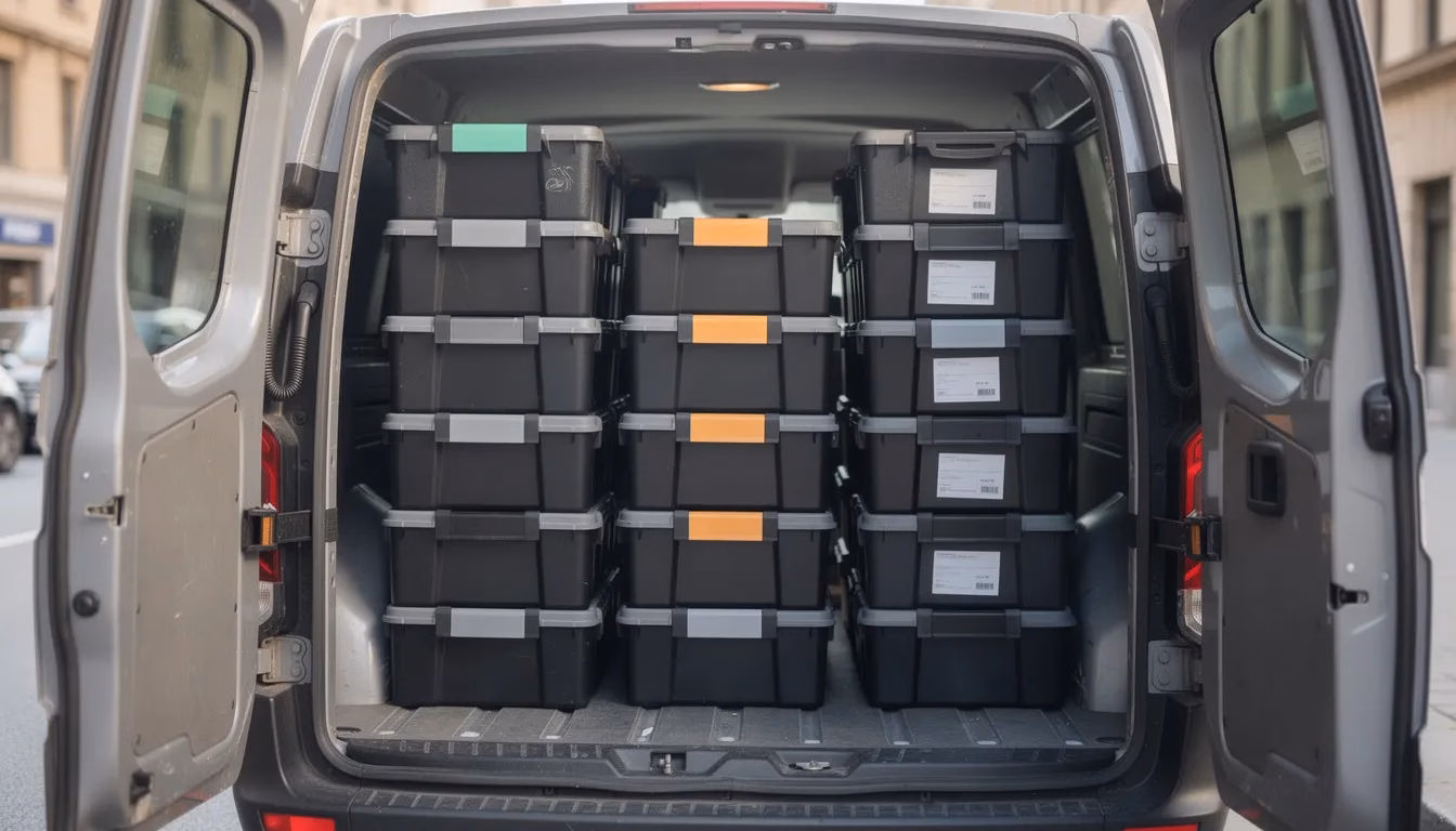 In einem Lieferfahrzeug sind mehrere gestapelte Thermoboxen aus expandiertem Polypropylen (EPP) bereit für den Speisentransport. Diese Thermoboxen bieten hervorragende Wärmedämmfähigkeit und Schutz für die transportierten Güter.